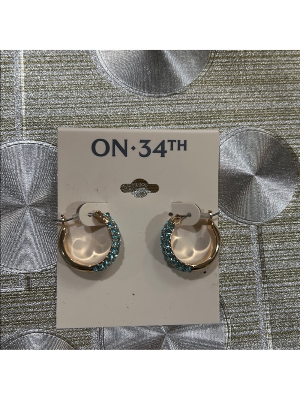 On 34th Gold Hoop Earrings with Aqua Blue Crystals